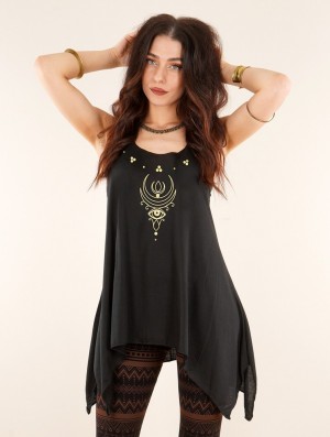 Toonzshop Alruwhani Printed Knotted Sleeveless Tunic Oberteile Damen Schwarz Gold | 6290NGALQ