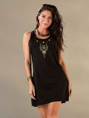 Toonzshop Alruwhani Printed Sleeveless Short Dress Kleid Damen Schwarz Gold | 9081PWCBH