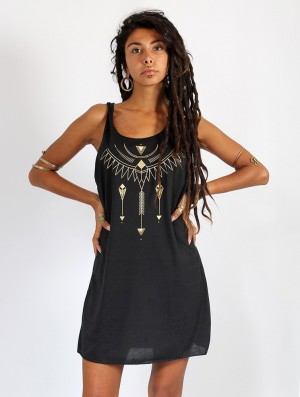 Toonzshop Amonet Printed Sleeveless Short Dress Kleid Damen Schwarz Gold | 3417YTULX