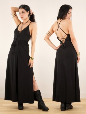 Toonzshop Amulette Lace-up Split Long Dress Kleid Damen Schwarz | 0138QKNJR