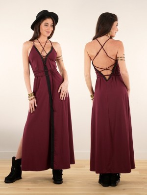 Toonzshop Amulette Lace-up Split Long Dress Kleid Damen Wine | 0154ECUML