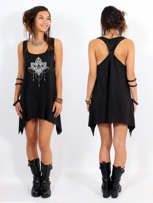 Toonzshop Anitaya Printed Knotted Sleeveless Tunic Oberteile Damen Schwarz Silber | 5143IBPYN