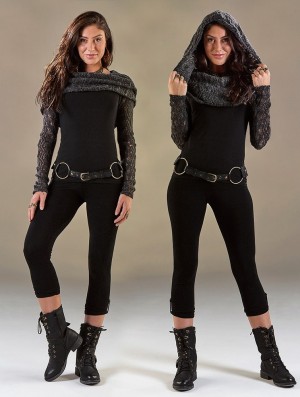 Toonzshop Atmäa Crochet Long Sleeve Top Oberteile Damen Schwarz Grau | 3764TMHKA