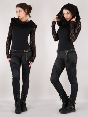 Toonzshop Atmäa Crochet Long Sleeve Top Oberteile Damen Schwarz | 2857SMHIP