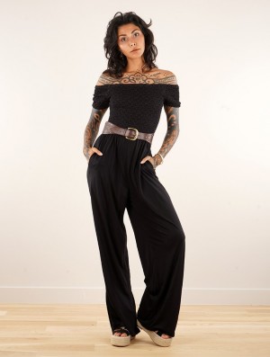 Toonzshop Aulë Dot Seigaiha Printed Short Sleeve Flare Leg Jumpsuit Jumpsuit Damen Schwarz | 5423MYEDP