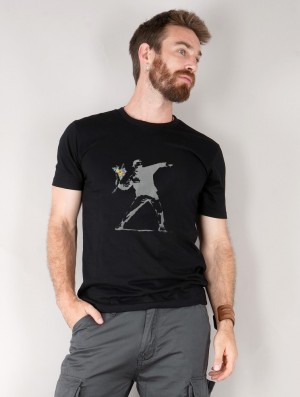 Toonzshop Banksy Hooligan Flowers Printed Short Sleeve T-shirt T-Shirt Herren Schwarz | 9746RXVJD