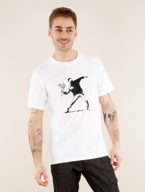 Toonzshop Banksy Hooligan Flowers Printed Short Sleeve T-shirt T-Shirt Herren Weiß | 0485WMOGV