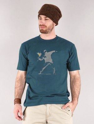 Toonzshop Banksy Hooligan Flowers Printed Short Sleeve T-shirt T-Shirt Herren Dunkelblau | 7639OVGBF