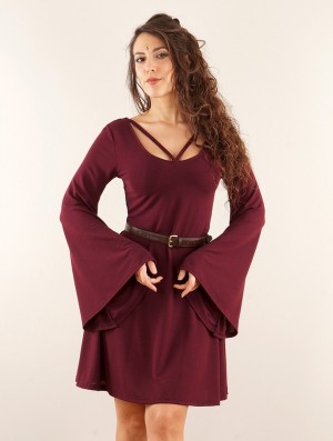 Toonzshop Black Moon Reversible Flared Long Sleeve Dress Kleid Damen Wine | 8359UJDWZ