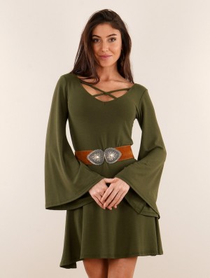Toonzshop Black Moon Reversible Flared Long Sleeve Dress Kleid Damen Grün | 6791OZHLM