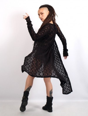 Toonzshop Boheme Crochet Long Cardigan Strickjacke Damen Schwarz | 8240GYSCH