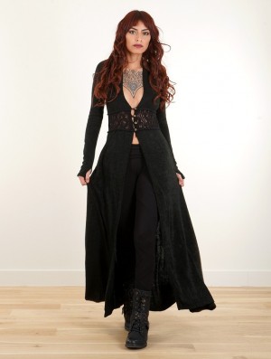 Toonzshop Boho Maxi Cardigan With Crochet Detail Strickjacke Damen Schwarz | 2504KCPAT