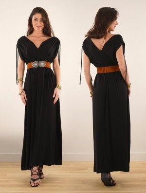 Toonzshop Calimshan Long Dress With Openwork Short Sleeves Kleid Damen Schwarz | 7498MZBUT