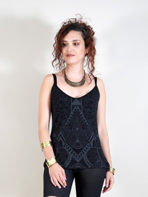 Toonzshop Ciryandil Africa Printed Shoulder Strap Top Oberteile Damen Schwarz | 3214VPTUZ