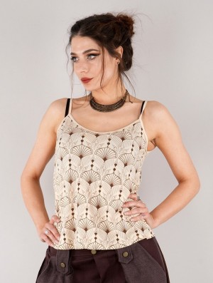 Toonzshop Ciryandil Peafowl Printed Shoulder Strap Top Oberteile Damen Beige | 0871WSVHB