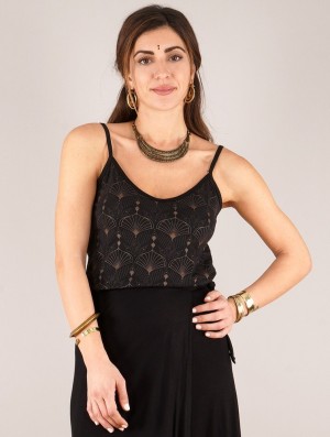 Toonzshop Ciryandil Peafowl Printed Shoulder Strap Top Oberteile Damen Schwarz | 9760WEIZJ