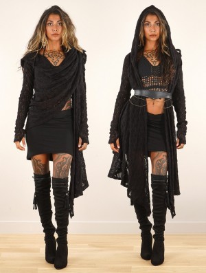 Toonzshop Danaeriz Long Sleeve Hooded Crochet Shawl Cardigan Strickjacke Damen Schwarz | 6908PIOHN