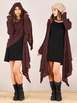 Toonzshop Danaeriz Long Sleeve Hooded Crochet Shawl Cardigan Strickjacke Damen Wine | 2089NEYFO
