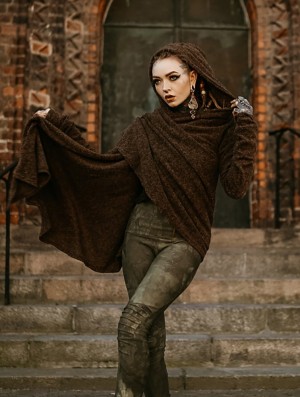 Toonzshop Danaeriz Long Sleeve Hooded Shawl Cardigan Strickjacke Damen Braun | 2806OWMVT