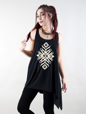 Toonzshop Elbana Printed Knotted Sleeveless Tunic Oberteile Damen Schwarz Beige | 8427BEFJT