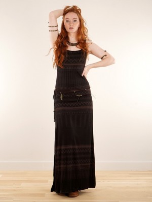 Toonzshop Electra Aztec Printed Long Split Strappy Dress Kleid Damen Schwarz | 2395UOQHL