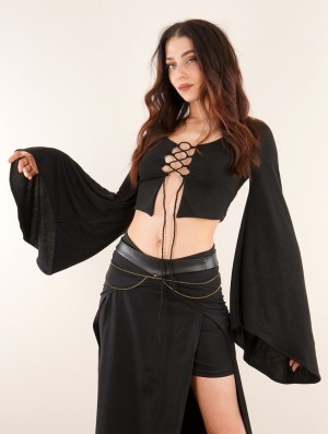 Toonzshop Elfique Flared Long Sleeve Crop Top With Front Lacing Oberteile Damen Schwarz | 5379ZGWTN