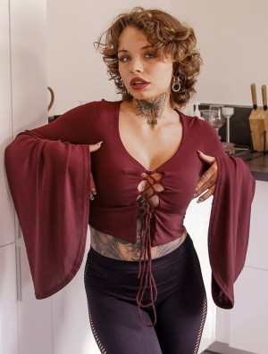 Toonzshop Elfique Flared Long Sleeve Crop Top With Front Lacing Oberteile Damen Wine | 2097QFRGS