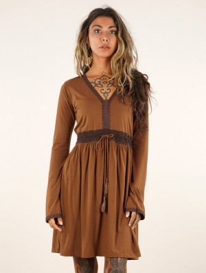 Toonzshop Firiel Long Sleeve Dress With Crochet Detail Kleid Damen Braun | 5649MNIKC