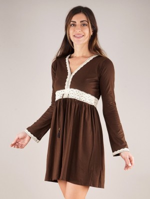 Toonzshop Firiel Long Sleeve Dress With Crochet Detail Kleid Damen Dunkelbraun | 0613RDHXE