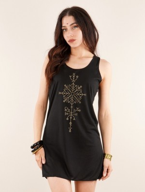 Toonzshop Freyja Printed Sleeveless Short Dress Kleid Damen Schwarz Gold | 6048IMHAV