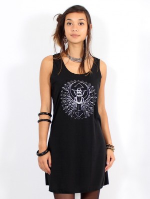 Toonzshop Geometric Scarab Printed Sleeveless Short Dress Kleid Damen Schwarz Silber | 6750TPUXJ