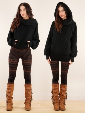 Toonzshop Helixx Retractable Hooded Long Sweater Pullover Damen Schwarz | 9381DWNXQ