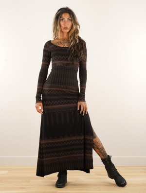 Toonzshop Inanna Aztec Pinted Long Sleeve Long Dress Dress Kleid Damen Schwarz | 4952HAJXL