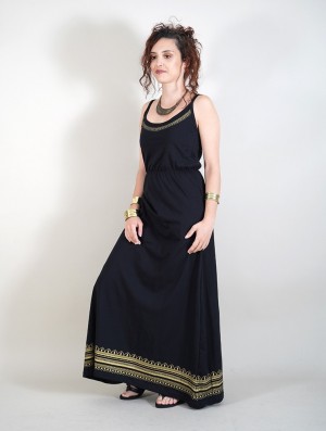 Toonzshop Indie Oromë Printed Strappy Long Dress Kleid Damen Schwarz | 4167LYFPE