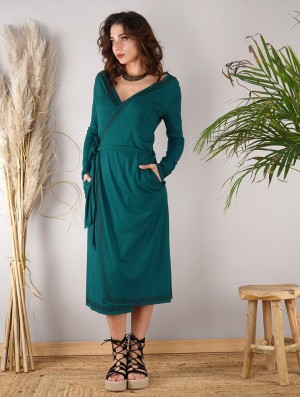 Toonzshop Irwaen Indie 2in1 Cardigan/Long Sleeve Midi Dress Kleid Damen Blau | 7415CEMFV