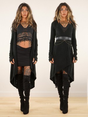 Toonzshop Kalyäam Long Cardigan Strickjacke Damen Schwarz | 1365IQKLH