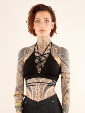 Toonzshop Lofi Strappy Crop Top Bra With Lace-up Corset Neckline BHs Damen Schwarz | 8732KXROU