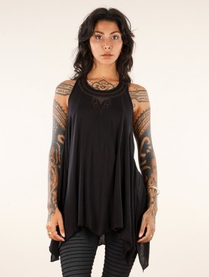 Toonzshop Lotus Luinil Printed Flared Tank Tunic Oberteile Damen Schwarz Kupfer | 7569RMPLQ