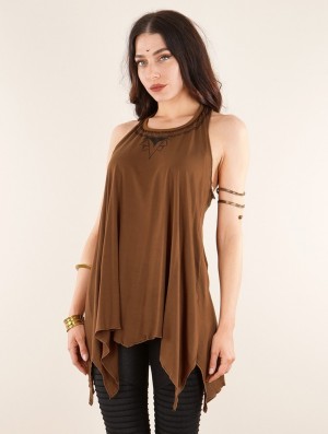 Toonzshop Lotus Luinil Printed Flared Tank Tunic Oberteile Damen Caramel | 8731HIOTC