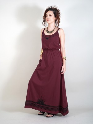 Toonzshop Lotus Oromë Printed Strappy Long Dress Kleid Damen Dunkelrot | 1630WBFKG