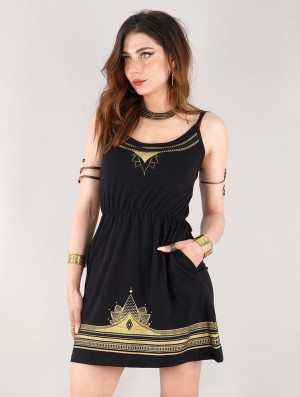 Toonzshop Lotus Oromë Printed Strappy Short Dress Kleid Damen Schwarz | 4127FRLYW