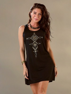 Toonzshop Luunja Printed Sleeveless Short Dress Kleid Damen Schwarz Gold | 2138LDNRB