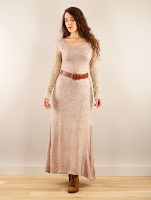 Toonzshop Melisandre Crochet Long Sleeve Long Sweater Dress Kleid Damen Beige | 6805VRXMP
