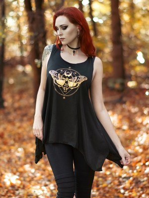 Toonzshop Nightmoth Printed Knotted Sleeveless Tunic Oberteile Damen Schwarz Gold | 4350ERAFY