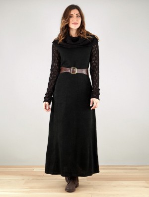 Toonzshop Nouchka Crochet Sleeves And Big Collar Long Sweater Dress Kleid Damen Schwarz | 8031HYPSM