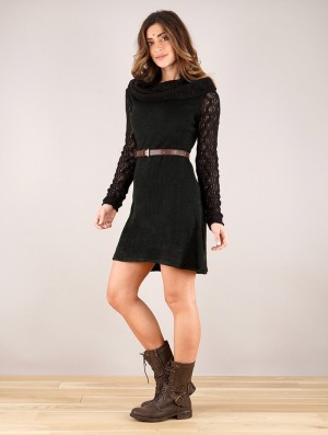 Toonzshop Nouchka Crochet Sleeves And Big Collar Skater Sweater Dress Kleid Damen Schwarz | 0981OLQSA