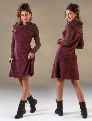 Toonzshop Nouchka Crochet Sleeves And Big Collar Skater Sweater Dress Kleid Damen Wine | 8617WGIZQ