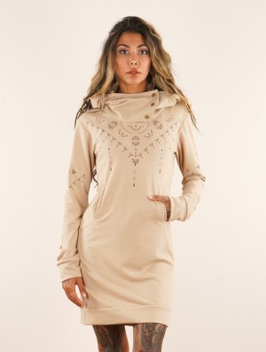 Toonzshop Numendil Ornemental Dots Printed High Collar Hoodie Dress Kleid Damen Beige | 3062IUKYF