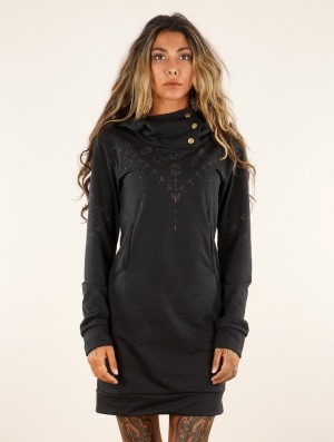 Toonzshop Numendil Ornemental Dots Printed High Collar Hoodie Dress Kleid Damen Schwarz | 7402LKJAZ
