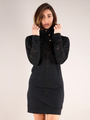 Toonzshop Numendil Zohraa Printed High Collar Hoodie Dress Kleid Damen Schwarz | 5739FGOQM